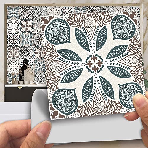20pcs Vintage Victorian Tile Stickers, Kitchen Bathroom Wall Tile Stickers Peel and Stick on Tile Transfers Covers Decals Self Adhesive Vinyl Waterproof Beige Moroccan Mosaic (15cm x 15cm, 6x6 inches)