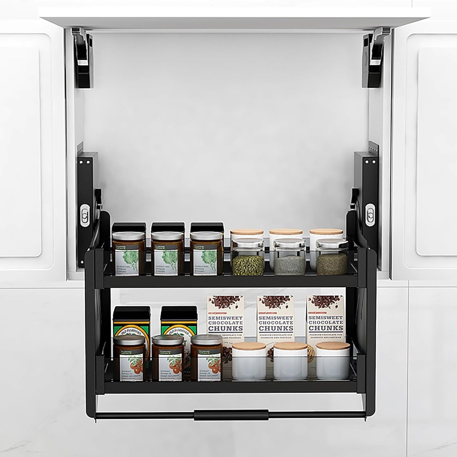 Organizer da cucina a 2 ripiani estraibile per armadio da cucina con ripiano integrato salvaspazio per utensili sollevabili, nero, monocolore, armadio da 90 cm