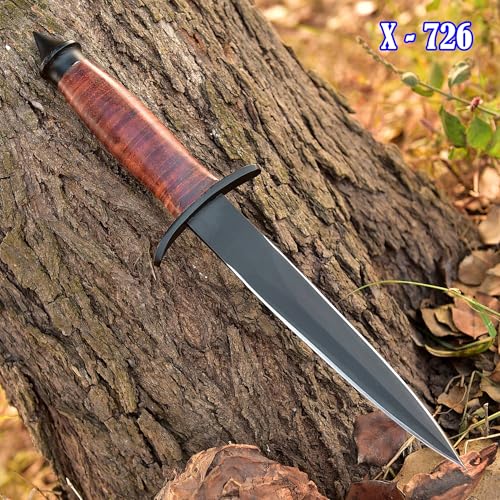 AJSANITY Sykes Fairbairn US Army Double-Edged V42 Military Best Dagger Knife WWII Collectible knives With Leather Sheath (Leather)