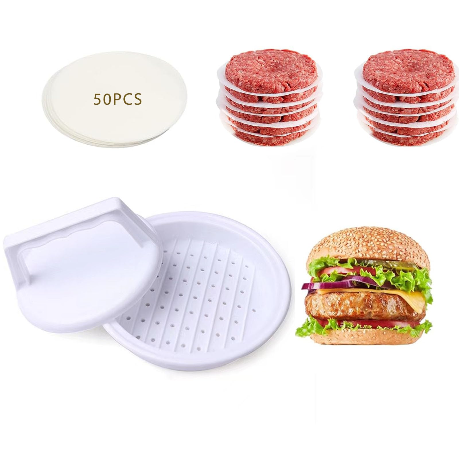 HOMOMSAE Burger Press Patty Maker, Hamburger Patty Press Mold, Ergonomic Design with 50 Patty Papers(12CM) for Kitchen BBQ Grill - Plastic, White