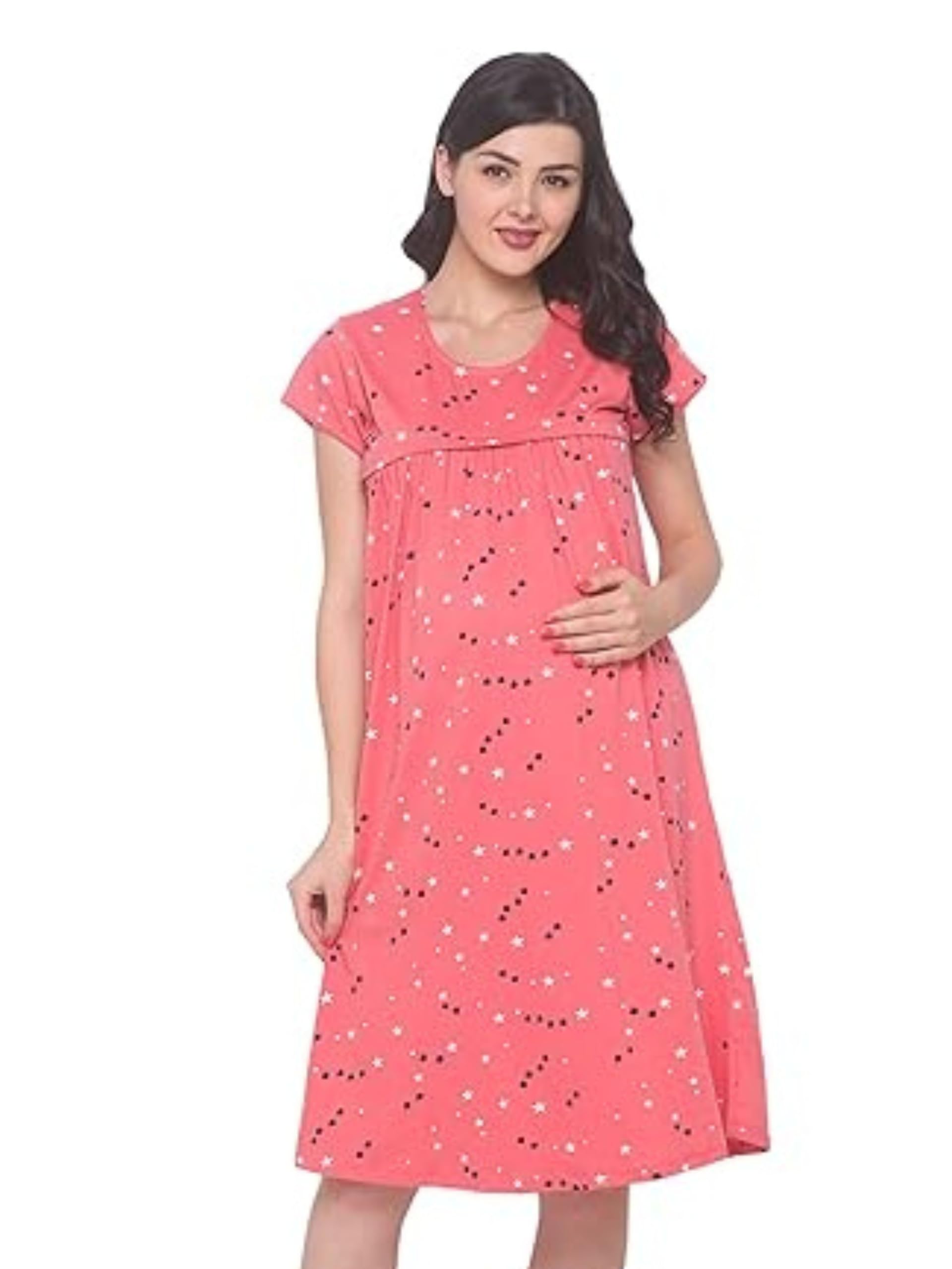 Women's Cotton All Over Print Knee Length Maternity Feeding Nighty-image-29