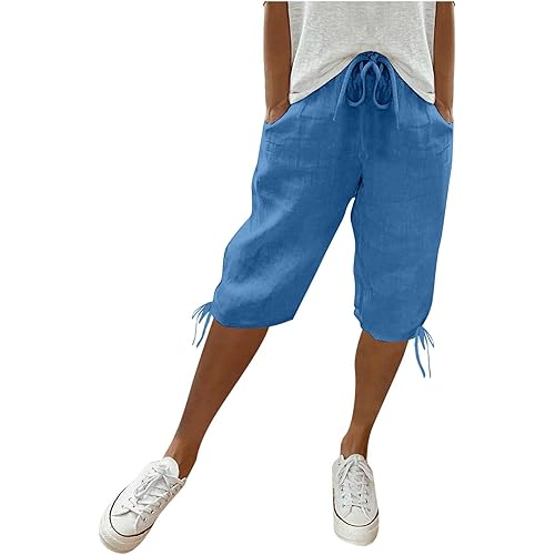 Linen Shorts for Women Summer Knee Length Elastic Waist Capri Pants Casual Gym Drawstring Bermuda Shorts with Pockets