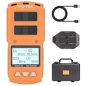 Detector De Gas TopTes Guard-122, Monitor De 4 Gases (H2S, CO, LEL, O2), Alarmas por Vibración, Sonoras Y Visuales, A Prueba De Explosiones, para Trabajo y Hogar