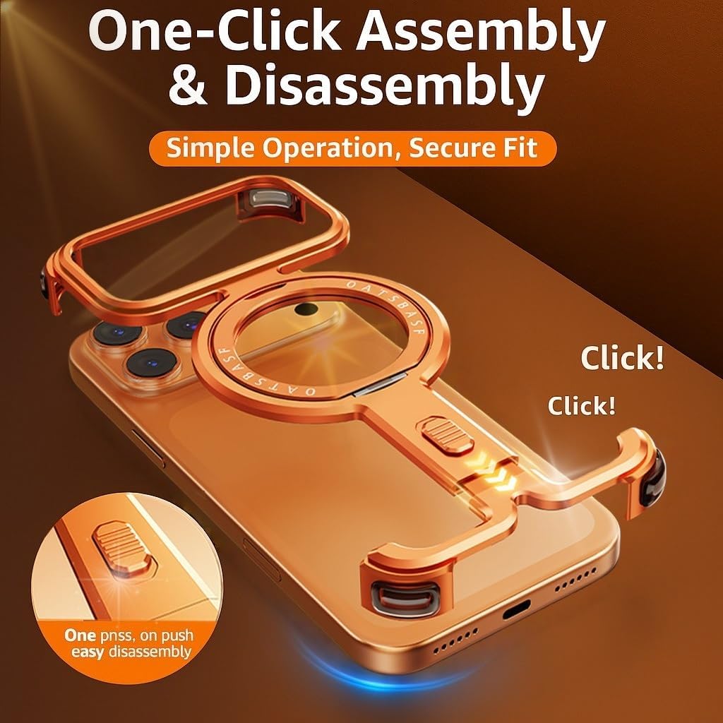 Case for iPhone 17 Pro / 17 Pro Max, Ultra-Thin Metal Skeleton Frame with 360° Rotating Ring Stand, Shockproof Aluminum Alloy Bumper, Heat Dissipation Borderless Design(Titanium,17 Pro)