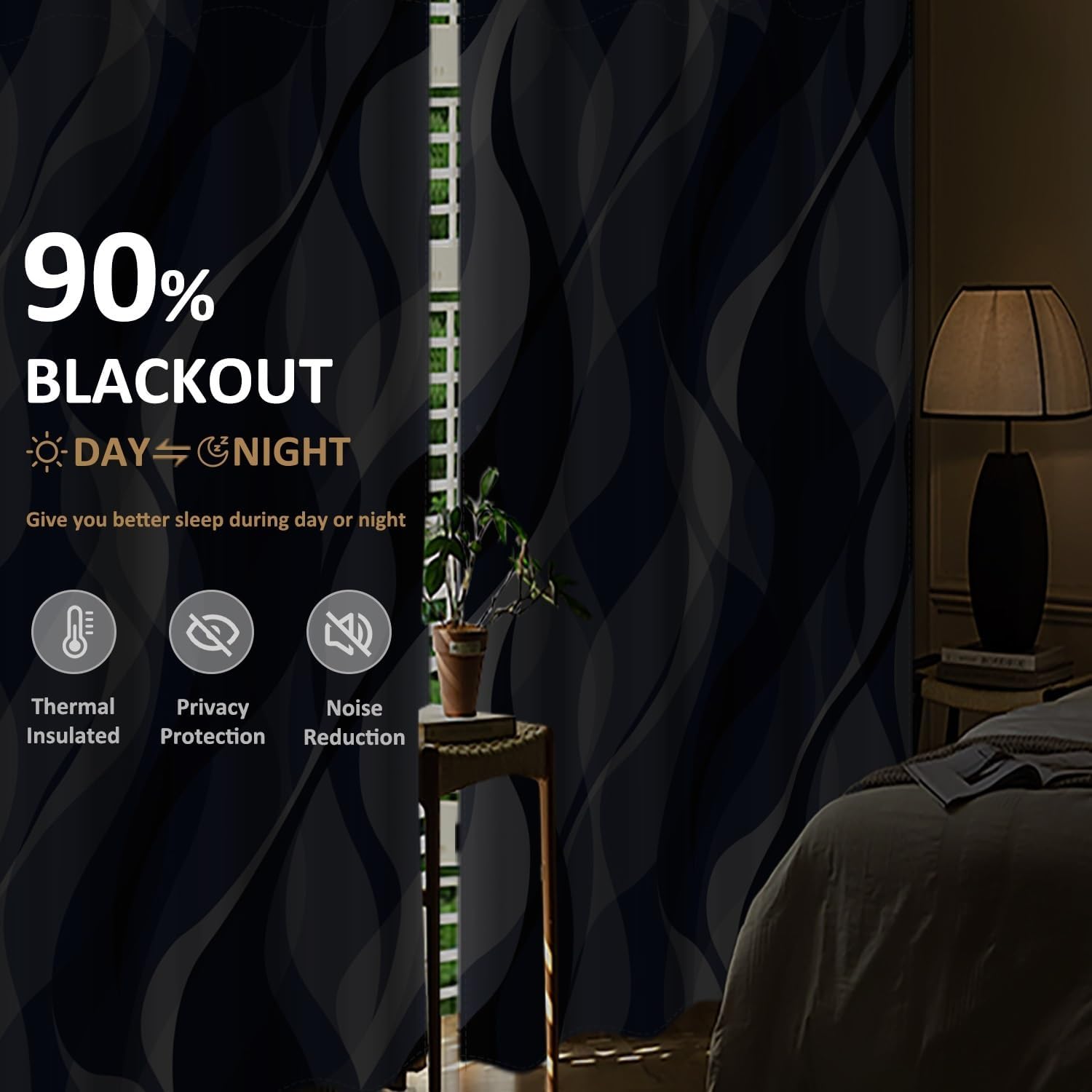 Navy Blue Window Curtains Black and Blue Abstract Striped Blackout Window Drapes for Bedroom Living Room Kitchen Grommet Modern Geometric Wave Lines Window Treatments 2 Panel Set,52x84inch