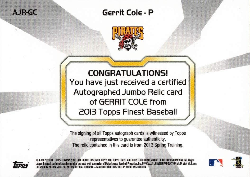 2013 Topps Finest Autograph Jumbo Relics Orange Refractor #AJR-GC Gerrit Cole Game Worn Jersey Baseball Rookie Card - Only 99 made!
