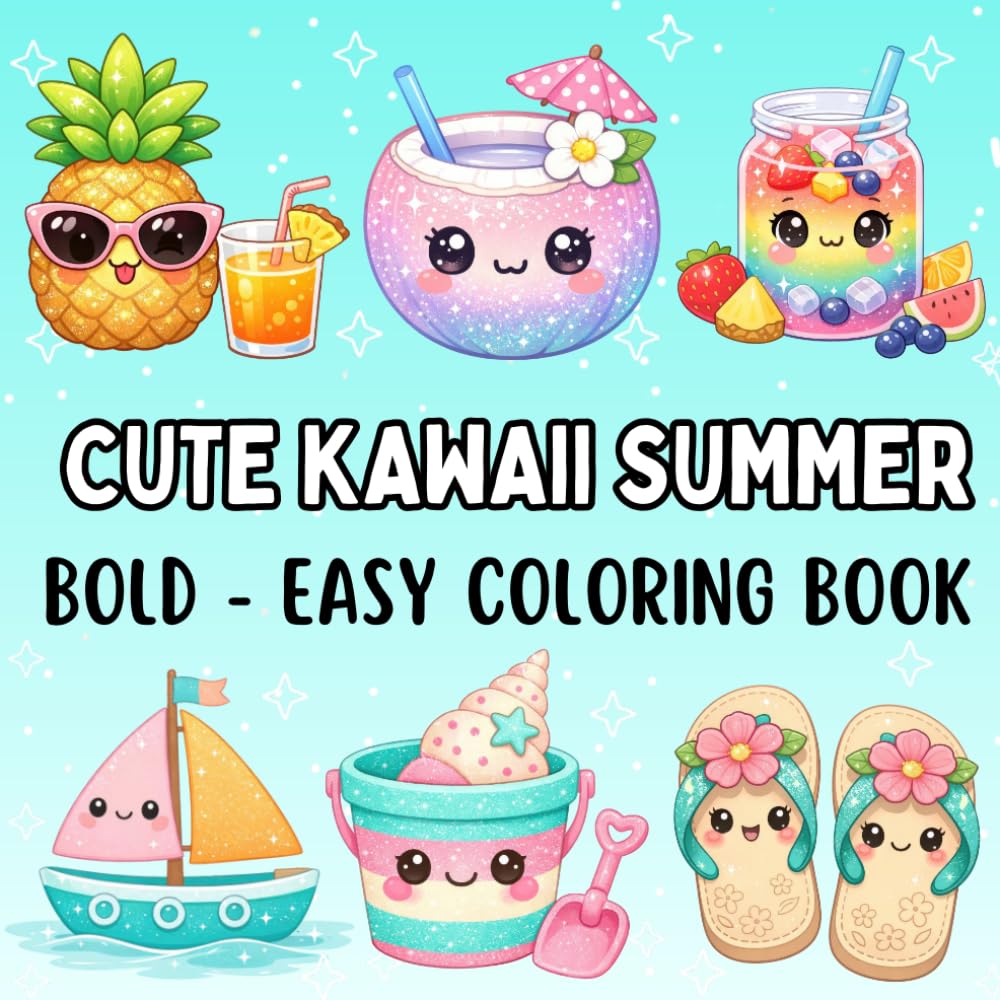 Cute Kawaii Summer Coloring Book: Bold and Easy Coloring Book with Adorable Summer Designs, Simple Pages, Fun Beach & Tropical Themes, 55 Easy Coloring Pages