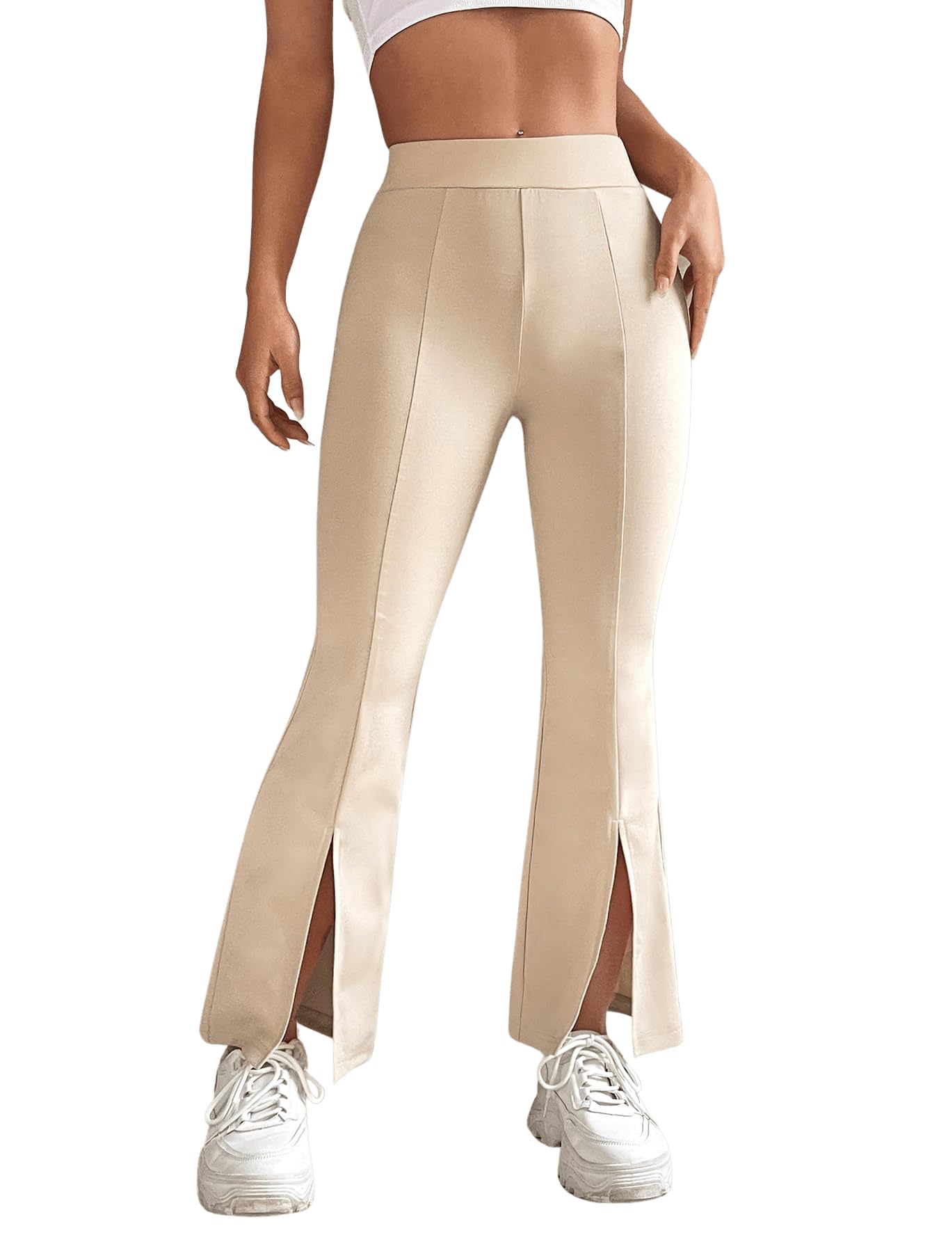 SweatyRocks Womens High Waist Stretchy Solid Pants Seam Front Split Hem Flare Leg Trousers