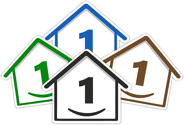 4 x Bin Numbers for Wheelie Bins, 1-99, 15cm ‘Happy House’ Colour Design Dustbin Stickers, Easy Application Stick On Number Stickers - Weatherproof Self Adhesive Vinyl – Blue, Black, Green, Brown (1) - 1