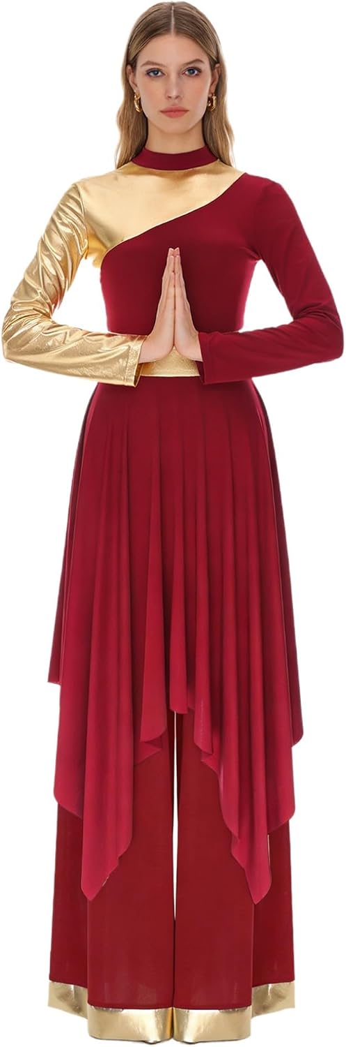 ACSUSS Praise Dance Dresses Women Metallic Long Sleeve Asymmetric Overlay Dress + Pants Worship Liturgical Dancewear