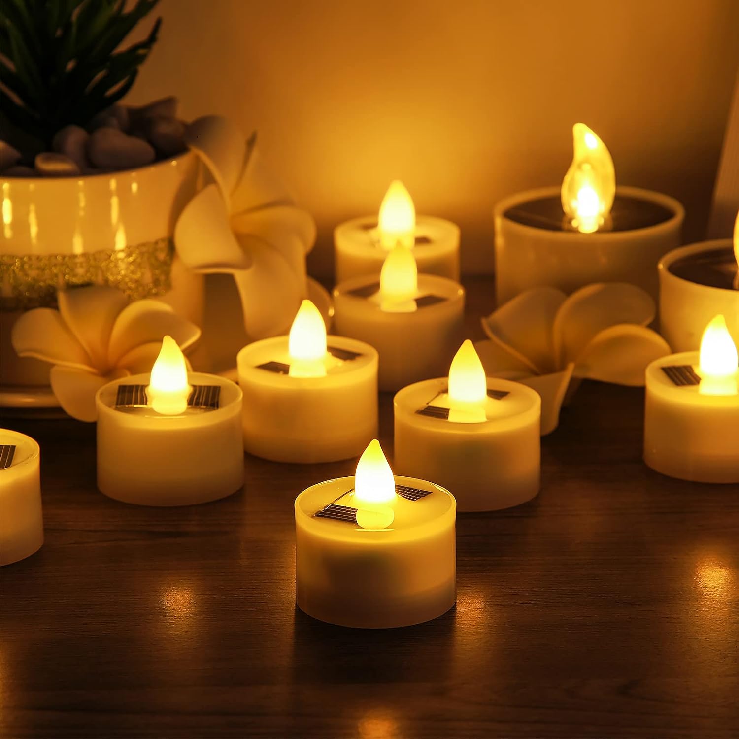 18 Pieces Solar Tea Lights LED Flameless Solar Candles Battery Flickering Waterproof Candles for Wedding Holiday Party Home Decor(1.5 x 1.4 Inch,Yellow Light)