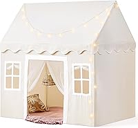 Tiny Land Kids Play Tent with Padded Mat & Star LED Lights - Indoor Playhouse for Toddlers 3-6 Years, Neutral Color Reading Nook