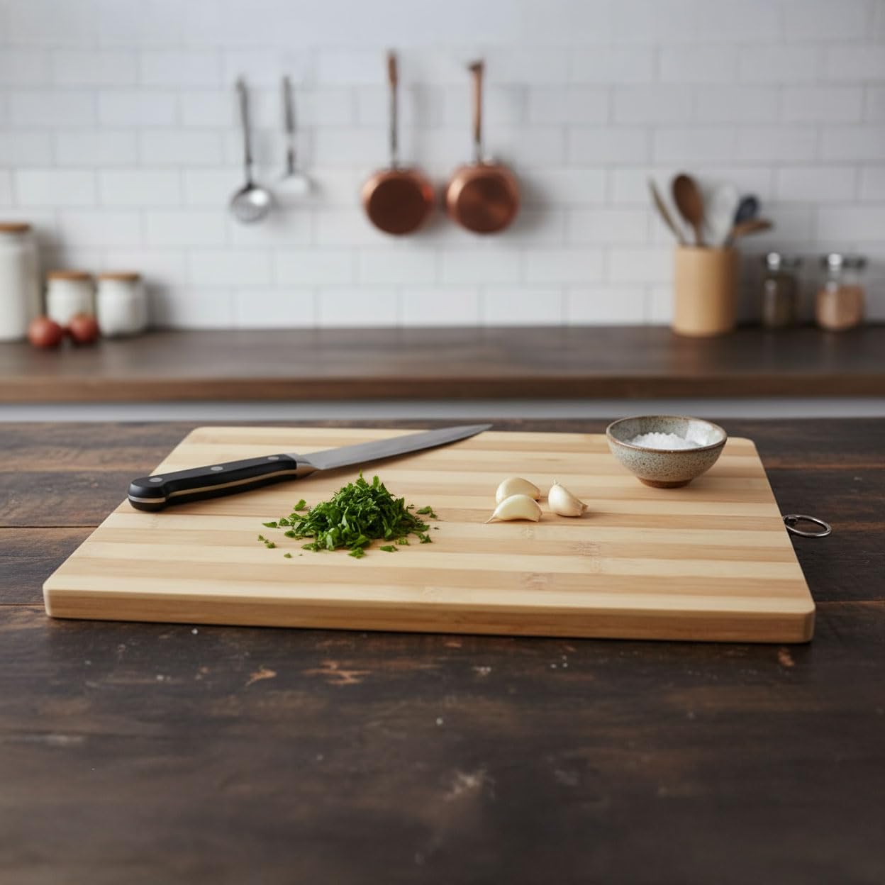 Deconox Yuvarlak Bambu Kesme ve Sunum Tahtası (Büyük Boy) | Antibakteriyel, Metal Kulplu Ahşap Pizza/Şarküteri Tahtası 24 * 34cm