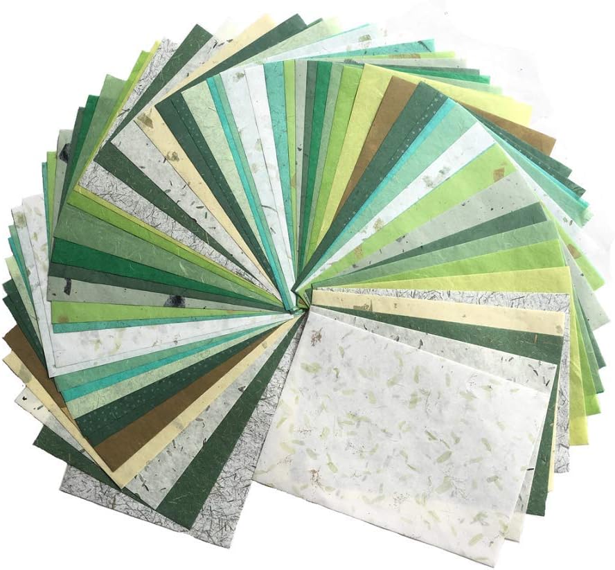 50 Sheets Size A4 Natural Fiber Mullberry Tree Mulberry Paper Sheets Design Craft Handmade Art Origami Paper Washi Paper Unryu Suppliers Writing Painting (Mixed Green)