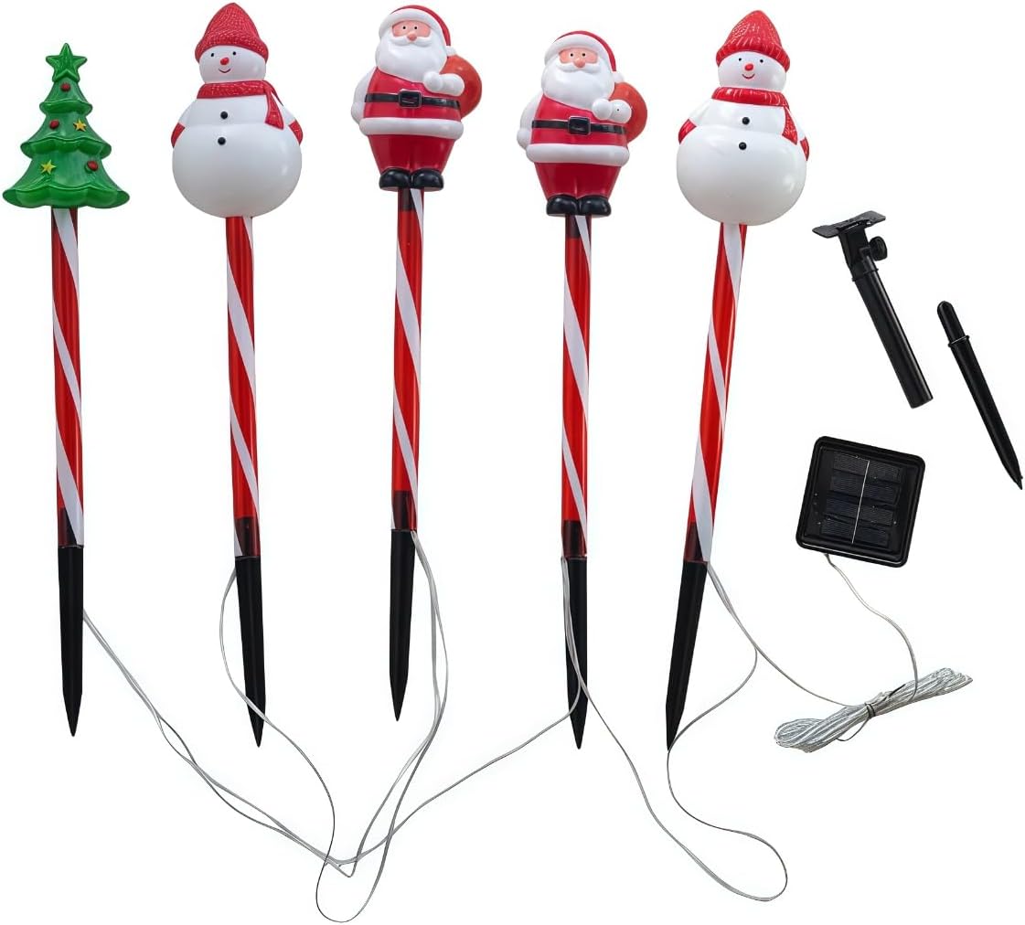 Solar Christmas Pathway Lights - 5 Designs (Star, Snowflake, Santa, Bell), Auto On/Off, Waterproof Warm White LED Color Stake Lights for Garden Yard Holiday Party Décor (Combination)
