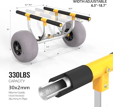 Bonnlo Kayak Beach Cart, Width Adjustable 6.3-18.7 Universal Canoe Dolly Heavy Duty Kayak Trolley with 12 Balloon Beach Wheels, Kickstand, and Free Pump, Sturdy 330 Lb Weight Capacity
