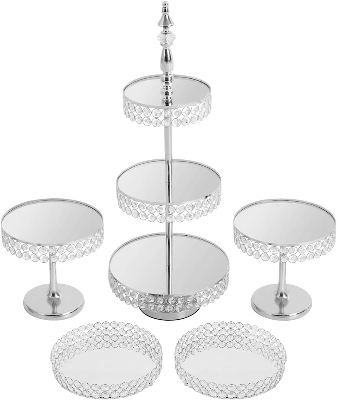 5-Piece Cake Stand Set, Iron & Glass Dessert Display Stands with Crystal Beads, 2 Round Trays + 2 Single Stands + 3-Tier Stand for Wedding, Birthday, Party, Bakery – Gold/Silver