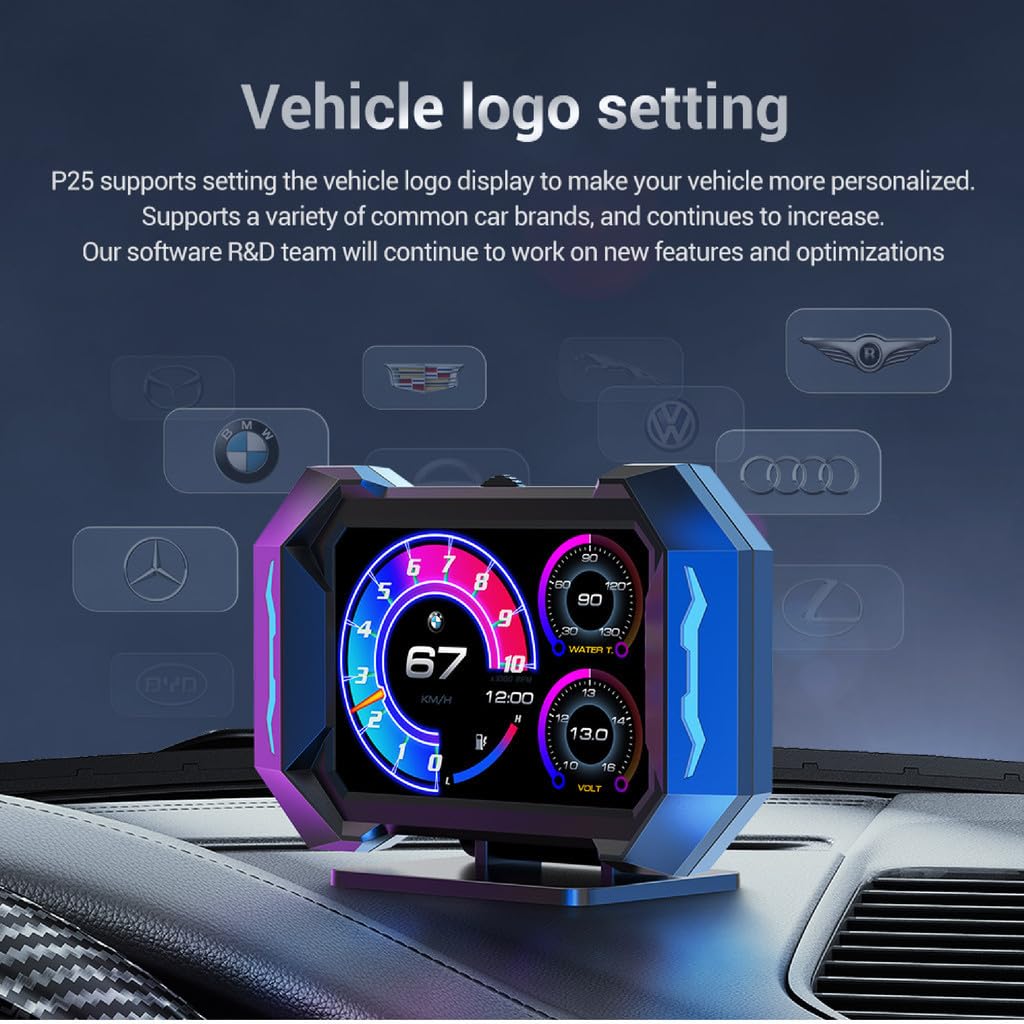 OTPerformance OTP-P25 OBD2 Car HUD Head Up Display Display Tachometer Multi-Function Digital OBDII GPS Speedometer Car Speed MPH Altitude Driving Direction Slope Meter Universal All