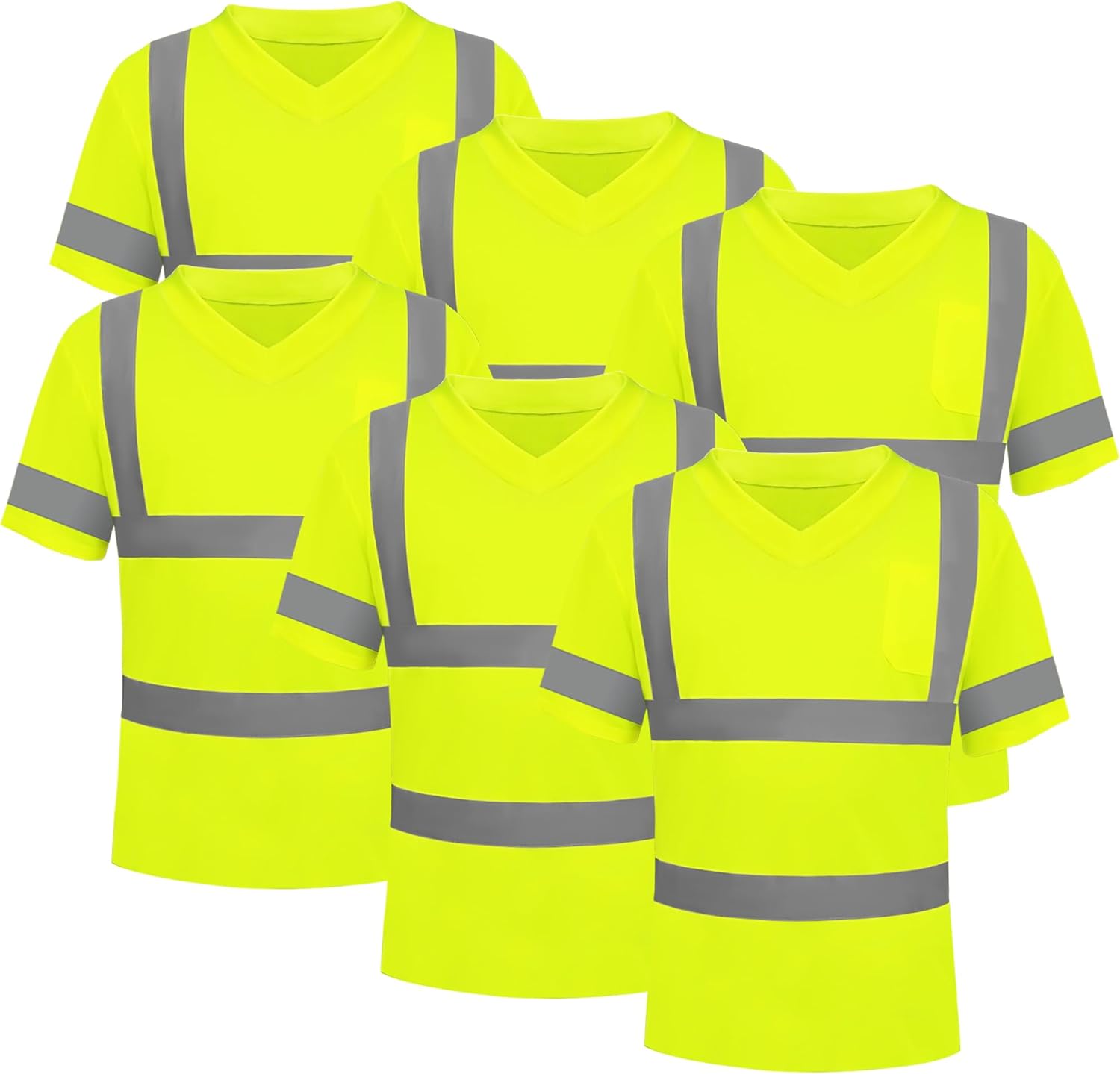 6 Pack High Visibility Reflective Safety Short Sleeve V Neck Crew Neck Work Shirts for Men Class 3 with Pocket