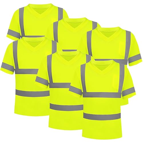 WPLM 6 Pack High Visibility Reflective Safety Short Sleeve V Neck Crew Neck Work Shirts for Men Class 3 with Pocket - Yellow 6pcs - X-Large
