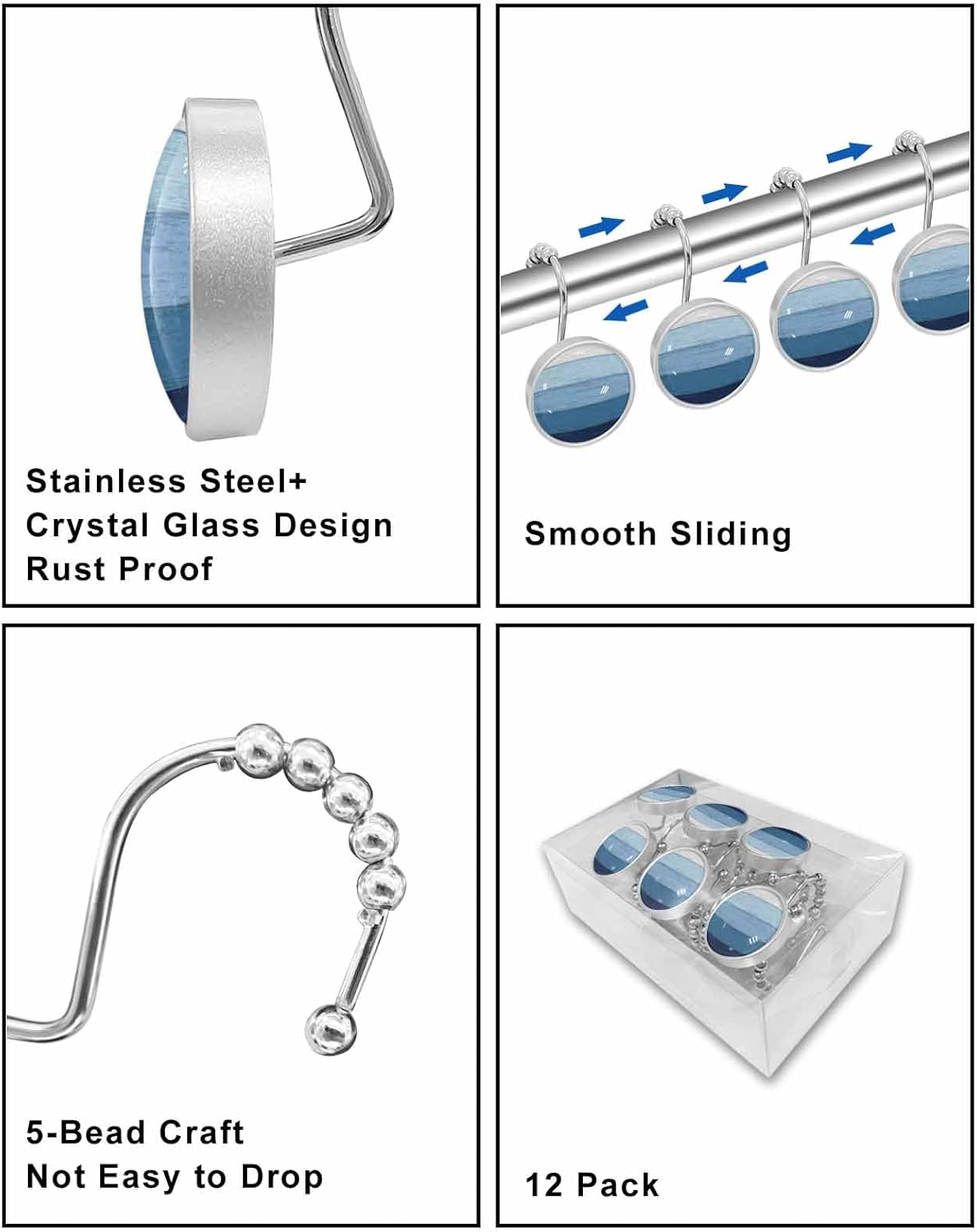 Shower Curtain Hooks 12 Pcs Navy Blue Striped Gradient Rustic Wood Board Stainless Steel Rust Proof Rolling Shower Curtain Rings, Decorative Shower Curtain Hooks Hangers for Bathroom