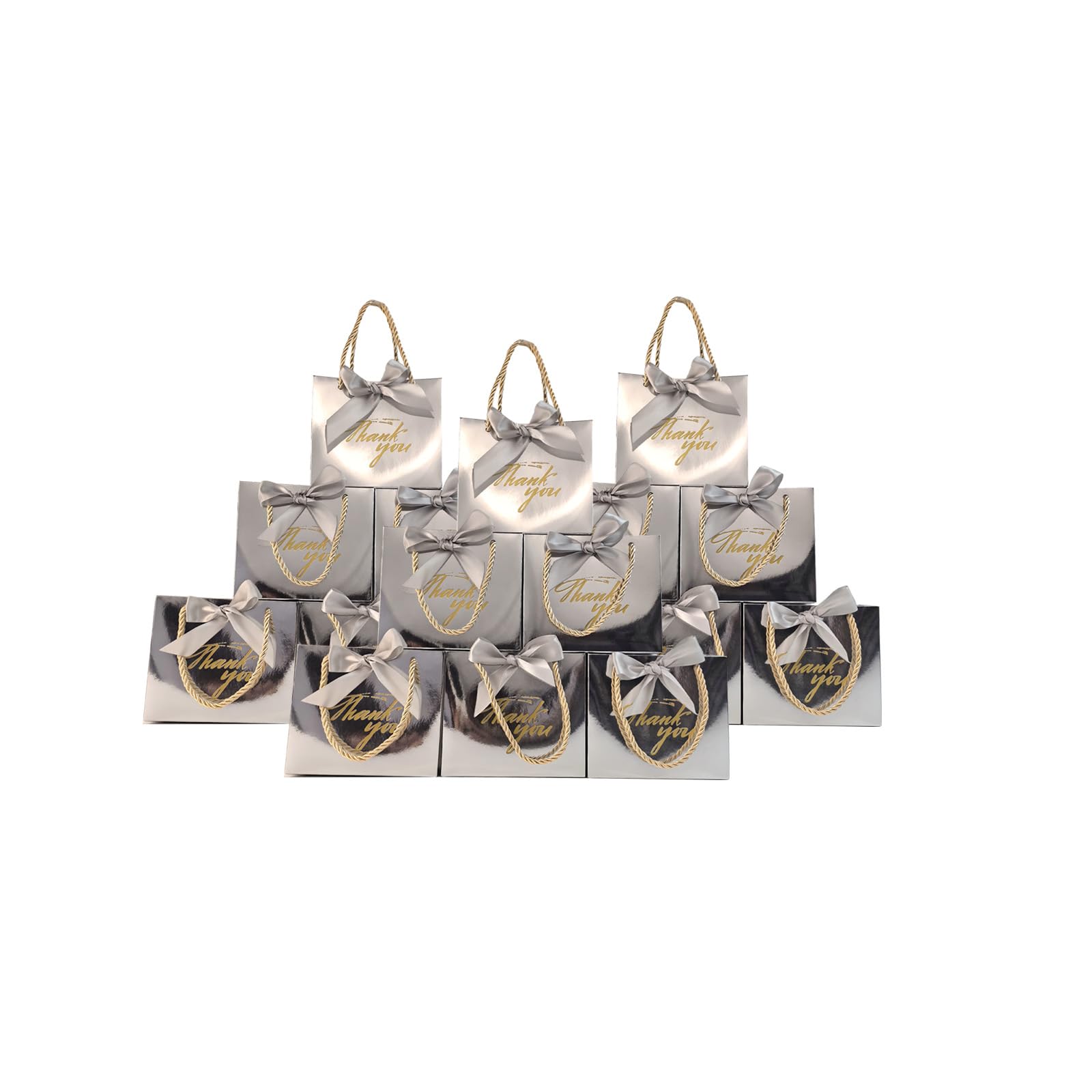 TKSBAG 100 Pack Small Thank You Gift Bags with Handles, 5.5''x 2.5''x4.7'' Mini Silver Gift Bags Bulk for Baby Shower, Birthday, Wedding, Party Favors