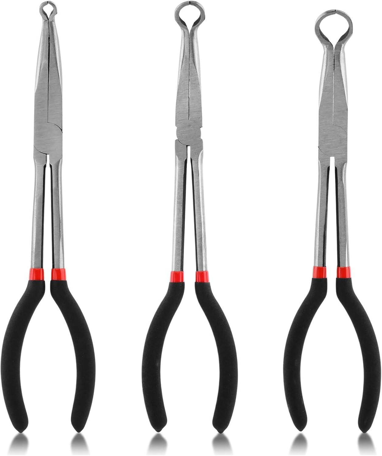 3pcs 11'' Hose Gripper Plier Set, Long Reach Hose Grip Pliers 5/16 Inch,1/2 Inch,3/4 Inch Ring Nose Hose Pliers, Offset Spark Plug Boot Removal Pliers for Narrow Space
