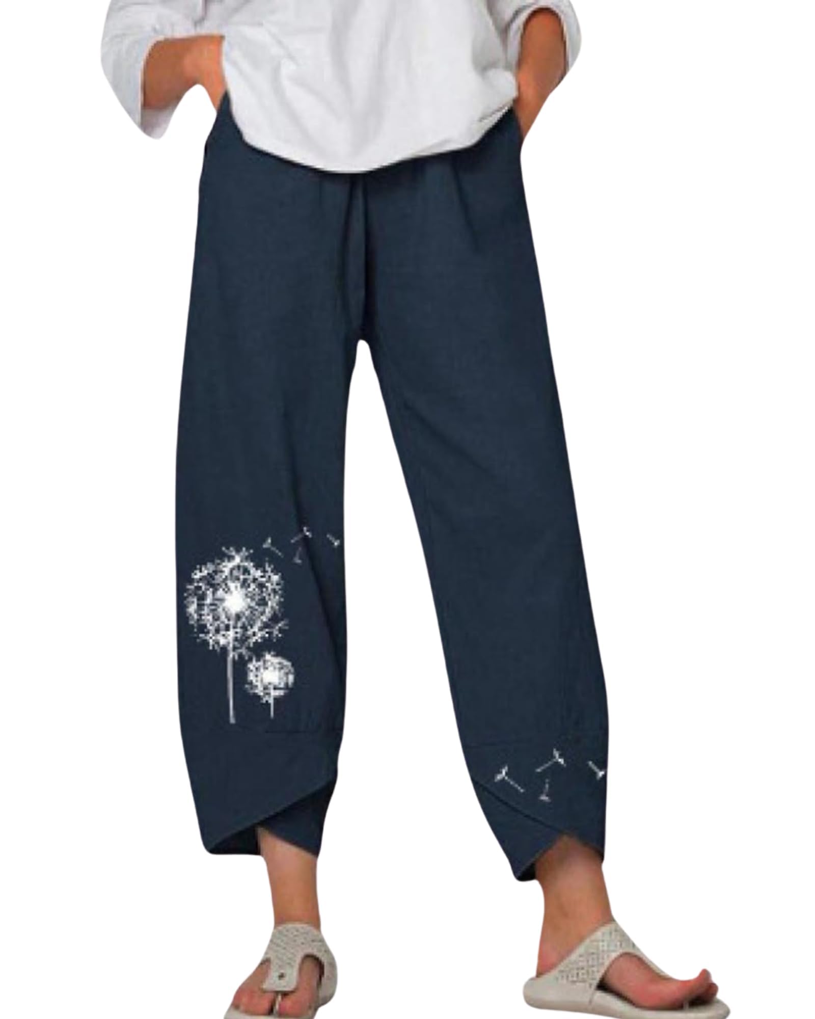 Zhyaj Cotton Linen Summer Casual Capri Pants for Women Printed Waist Wide Leg Palazzo Cropped Baggy Trousers with Pockets