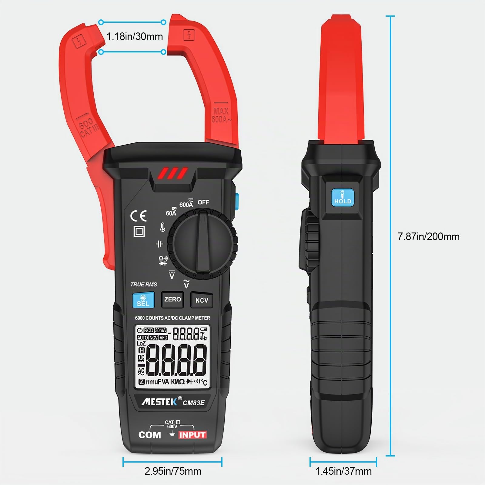 MESTEK Pince Ampèremétrique Numérique AC/DC, 600A Multimètre Automatique T-RMS 6000counts, Voltmètre Amperemetre Mesure Courant Tension Résistance Température Diode Continuité Hz Capacité NCV