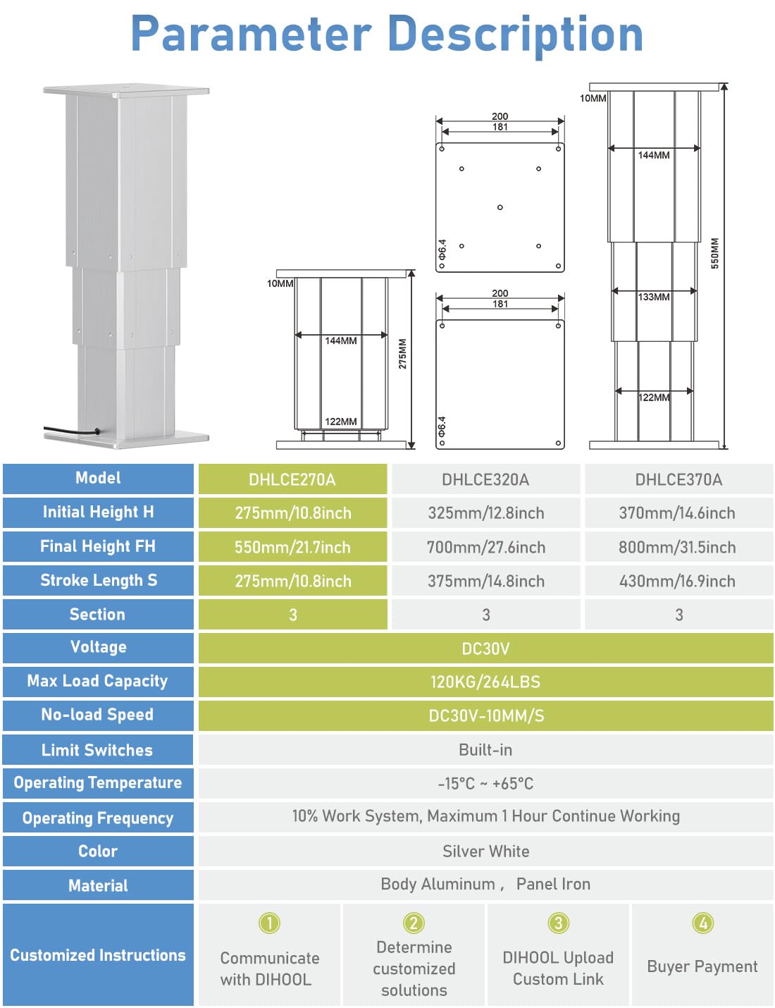 DIHOOL Programmierbare Hubtisch Elektrisch 120KG Last Synchrones Heben Lift 275-545MM 10MM/S für Hubbett Mechanismus