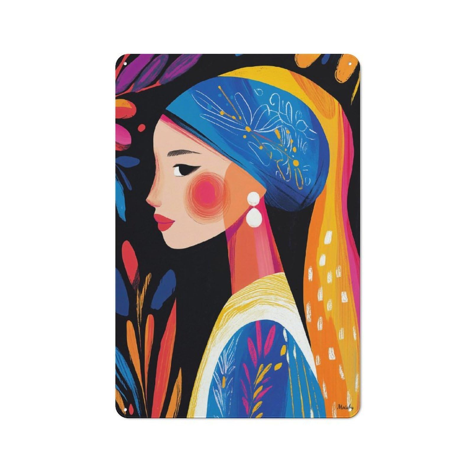 Junmoney Girls Vivid Fauvist Vision Of With A Pearl Ear 30X20cm Retro Metal Plaque With Ring For Kitchen Or Home Bar, For Garage, Workshop And Man Cave Decoration