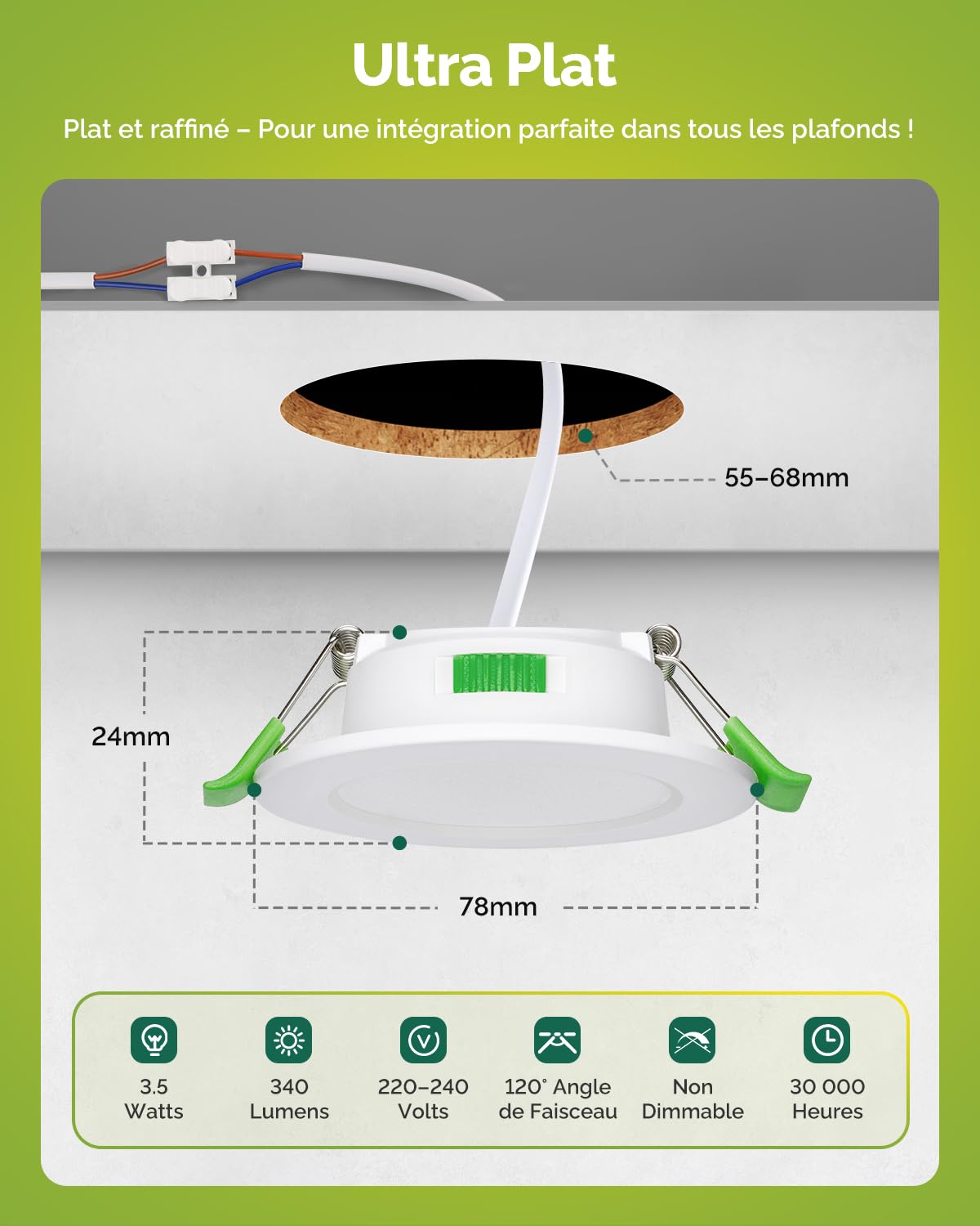 Fondiiz Spot LED Encastrable Extra Plat, 3.5W 340LM Spots de Plafond 55-68mm Découpe, Blanc Chaud 3000K Blanc Neutre 4500K Blanc Froid 6000K Reglable, Spot Salle de Bain IP44 pour Cuisine, Lot de 6