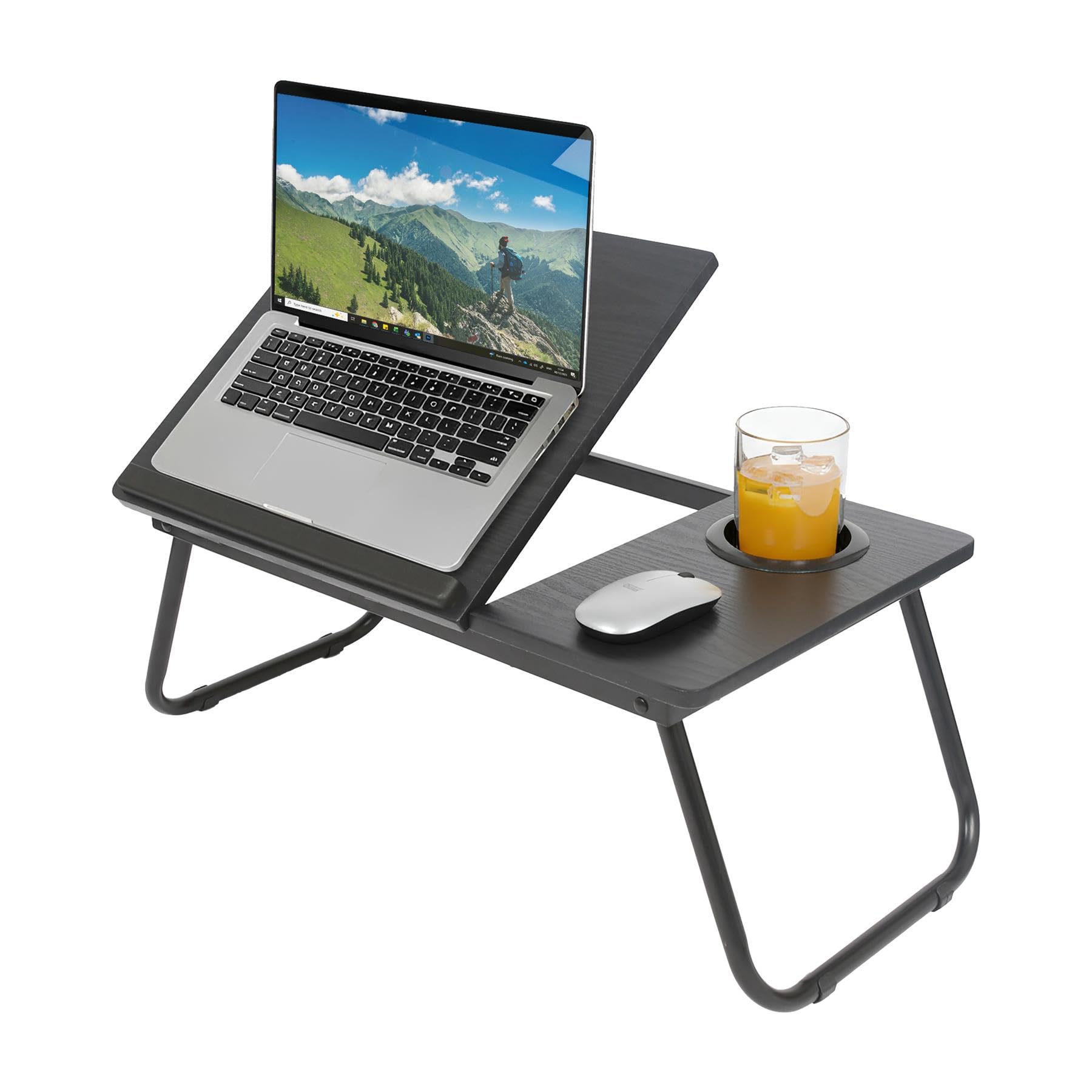 Escritorio plegable para regazo con portavasos, color negro, 1 bandeja portátil plegable para cama, sofá, oficina en casa, mesa, computadora, tableta, soporte con portavasos para juegos, trabajo