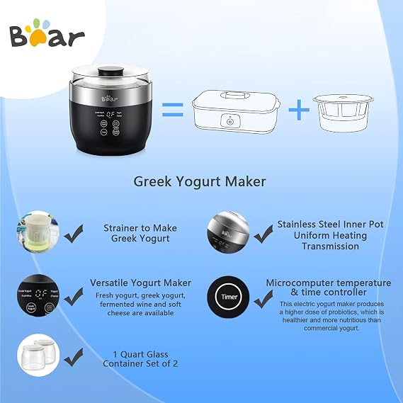 Automatic Digital Yogurt Maker With Stainless Steel Inner Pot, 2 Glass Jars (1 Quart) and Strainer for Home Organic Yogurt - Black
