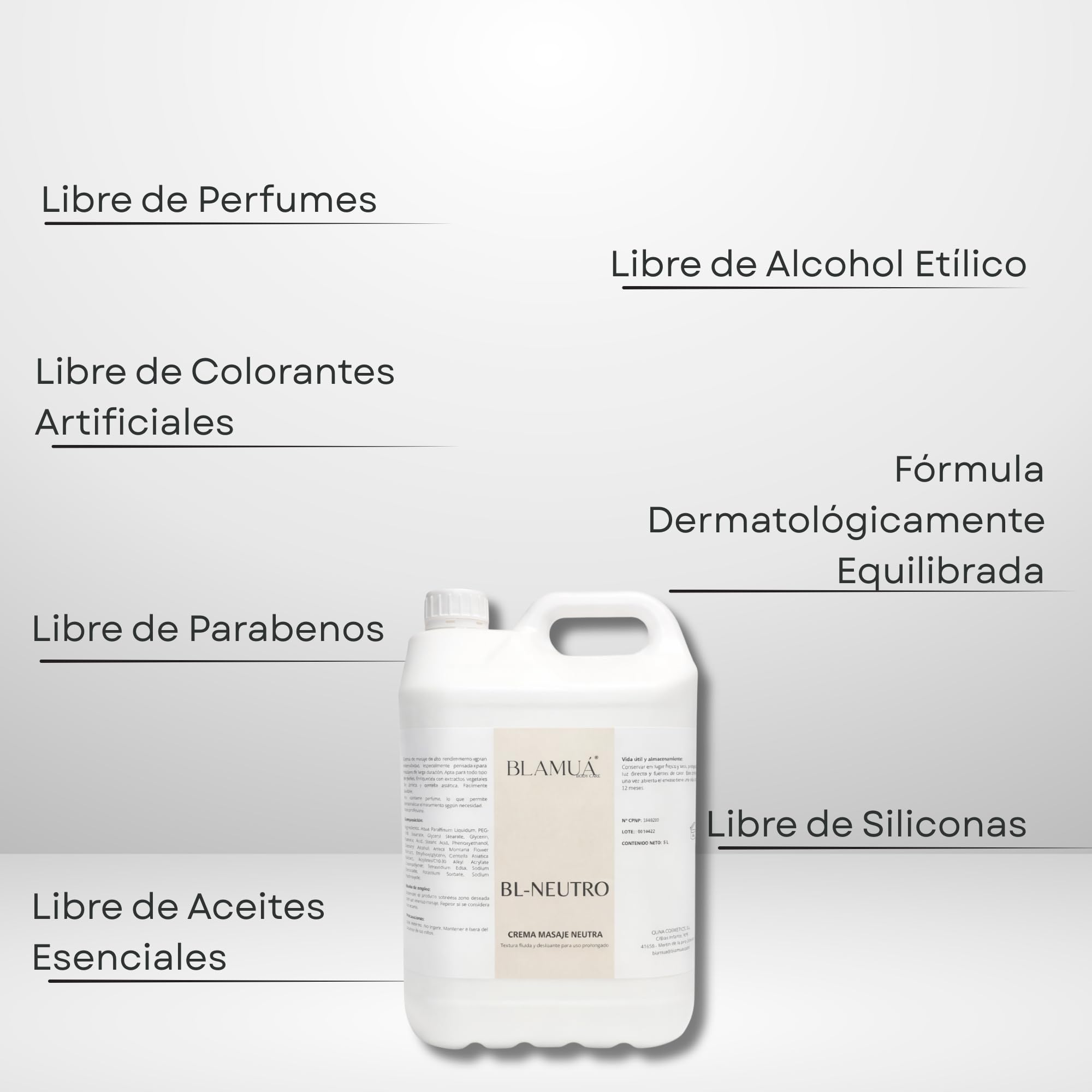 BL-NEUTRO Crema de Masaje Profesional 5000 ml + Tapón Dosificador – Neutra sin Fragancia – Base Extensible para Fisioterapia, Spa, Masajes Terapeuticos y Piel Sensible, con Árnica y Centella