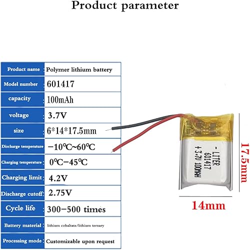 Miniatura 2 de 3.7V 601417 100mAh batería de iones de polímero de litio recargable batería de polímero con dos líneas
