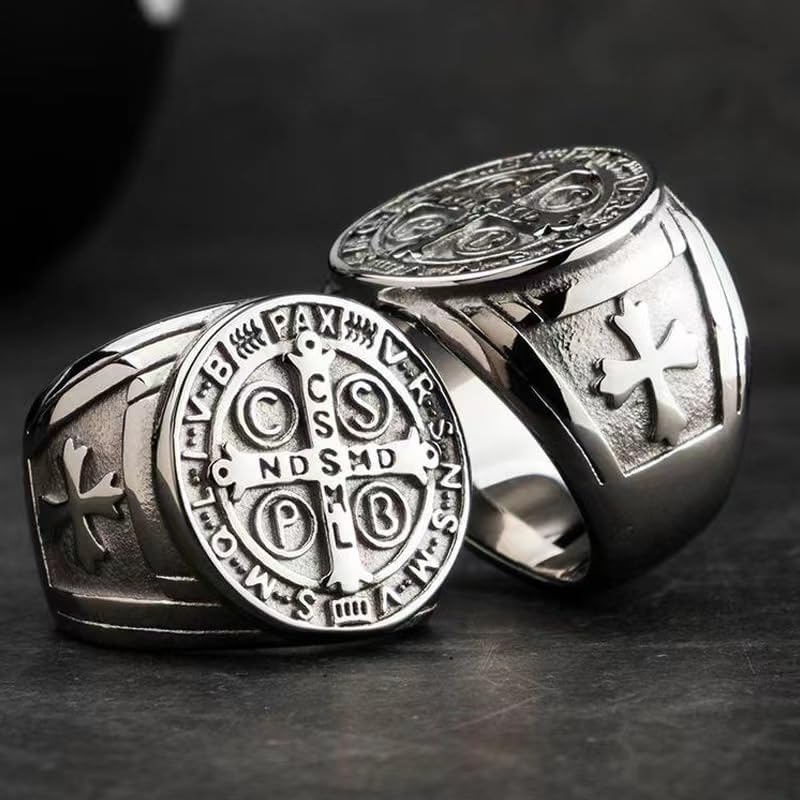 REchoLl Cross Ring for Men,Stainless Steel Saint Benedict CSPB Silver Cross religion Ring Christian Jewelry for Men Size 8-12 - Image 3