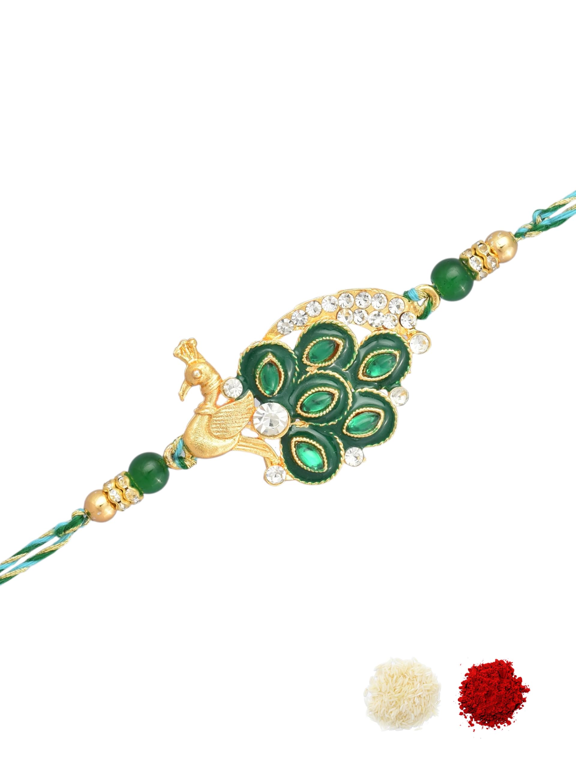 Emerald Green Premium AD Studded Peacock Design Gold Plated Traditional Beaded Pack of 1 Festive Rakhi for Brothers, Bhaiya, Bhai, with Roli Chawal & Greeting Cad for Raksha Bandhan-10-image-12