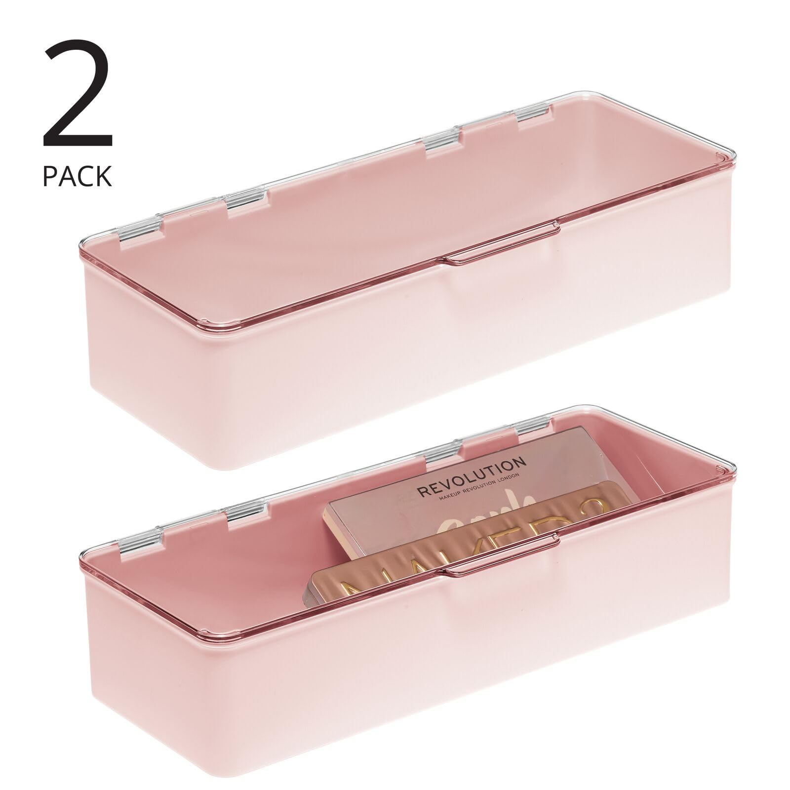 mDesign Long Plastic Cosmetic Storage Organizer Boxes with Hinged Lids, 2 Pack, Light Pink/Clear