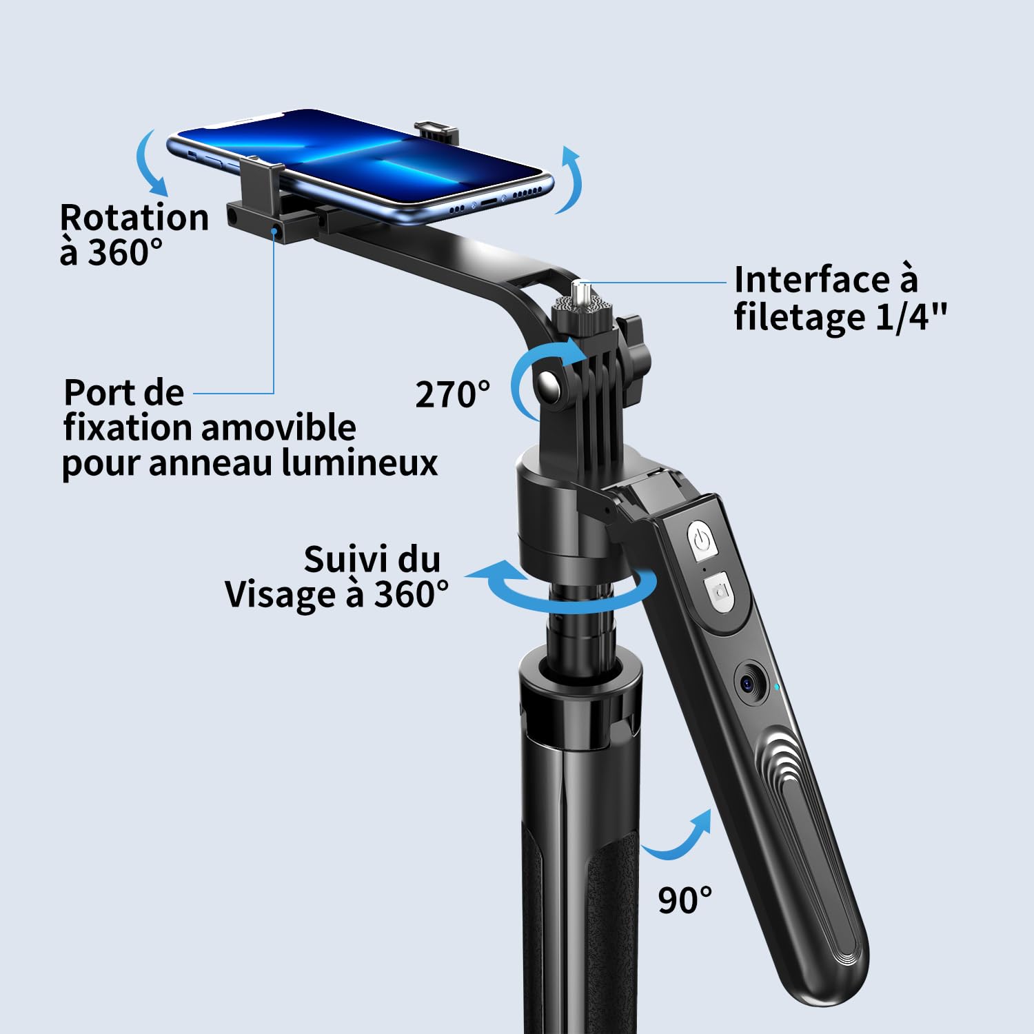yAyusi Automatique Visage Suivi Trépied avec Lumière, sans App, 360° Rotate 180cm Support de Téléphone avec Capteur de Mouvement, Rétractable Support de Caméra pour Vlog/Vidéo/Enregistrement