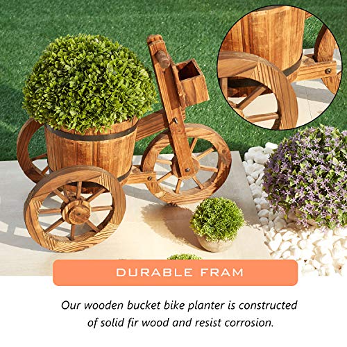 LOKATSE HOME Wooden Barrel Tricycle Planter Wagon Home Garden Outdoor Decor, Brown