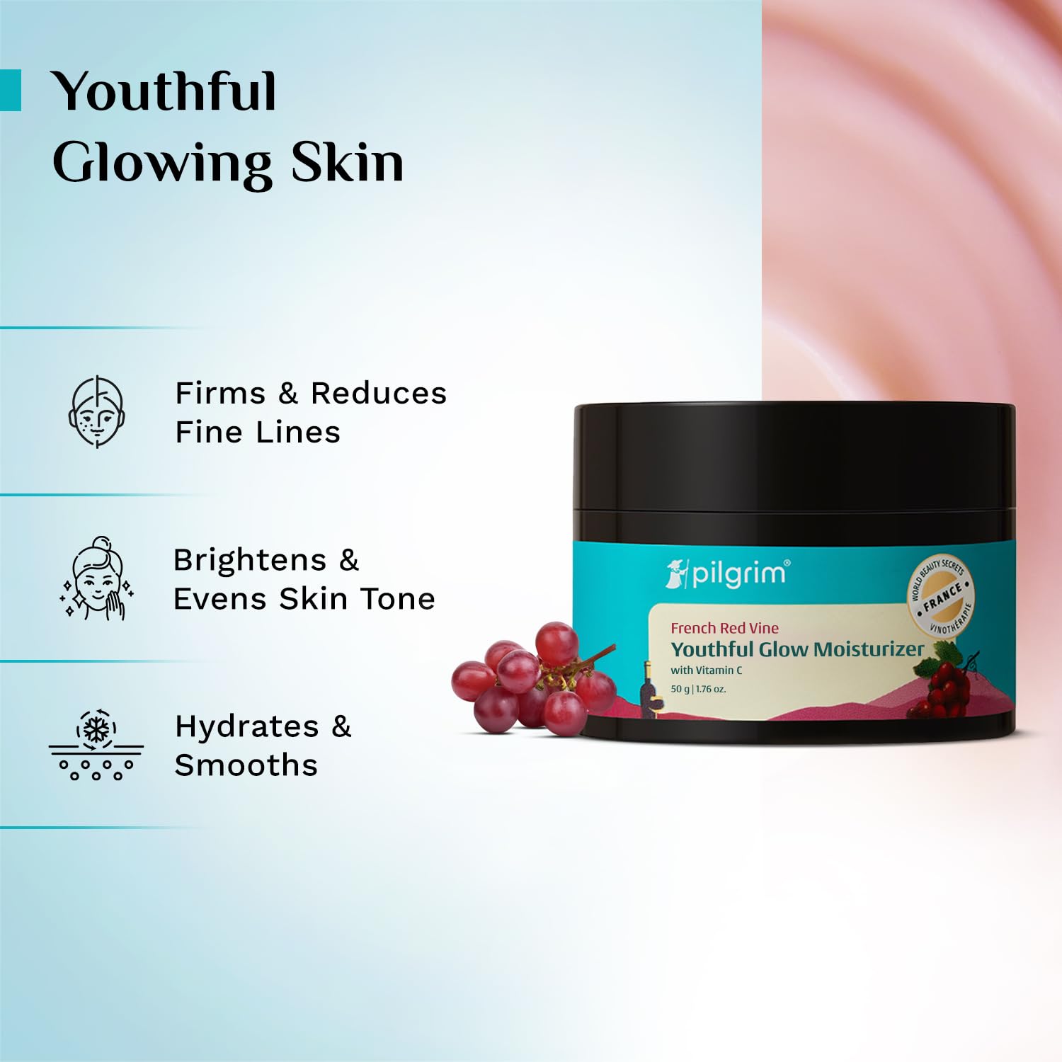 PILGRIM French Red Vine Youthful Glow Moisturizer SPF 30 with Vitamin C, Rosehip Oil For Anti Ageing, Sun Protection PA+++, Daily Use, Dry, Oily, Combination Skin, Men & Women, 50g 1