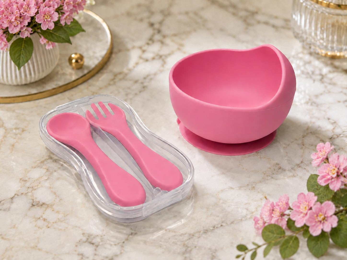 TINSY Silicone Baby Bowl, Food-Grade Feeding Bowl with Silicon Spoon and Fork in Travel Case, Soft Non-Slip Toddler Bowl (Pink)-image-34