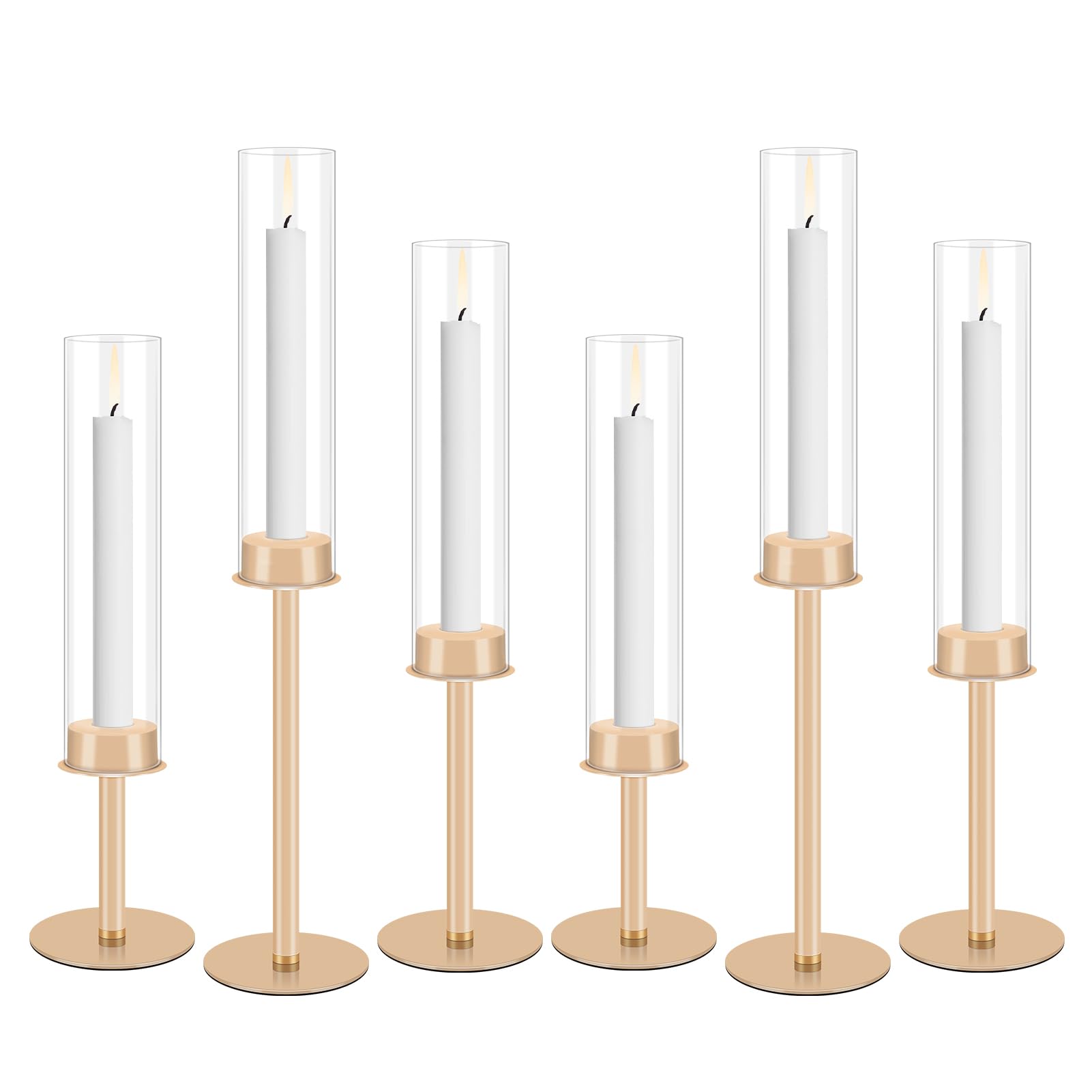 Gugxiom 6Pcs Gold Kerzenhalter, Glas Hurricane Kerzenhalter Gold, Kerzenhalter für Stumpenkerzen, für Haus Dekoration, Hochzeit, Essen, Party Dekorativ