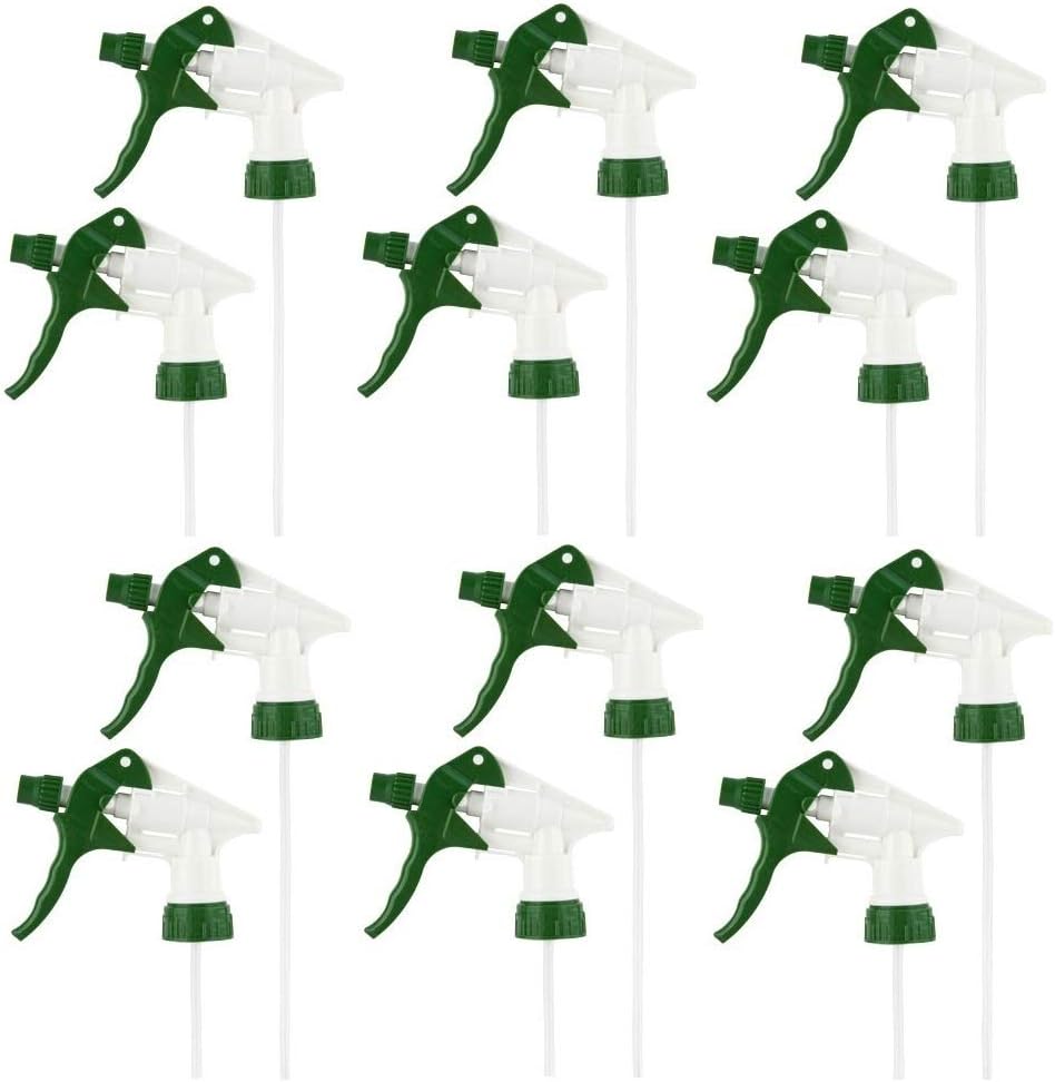 Comfort Axis Heavy-Duty Trigger Sprayer Replacement for 32 oz Sprayer Bottles, White/Green, 9" Dip Tube, 28-400 Neck Finish - 12 Pack