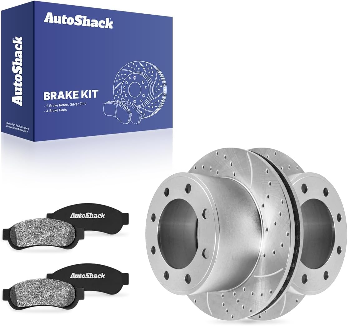 AutoShack Rear Vented Drilled & Slotted Silver Zinc Coated Brake Rotors + Ceramic Pads 6-PC Brake Kit Replacement for 2008-2012 Ford F-250 Super Duty SilverShield Pro 13.39" (340 mm)