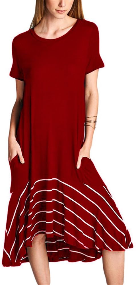 Ancapelion Women's Casual Short Sleeve T Shirt Dress Loose Patchwork Midi Dress with Pocket (Large, Red Stripes)
