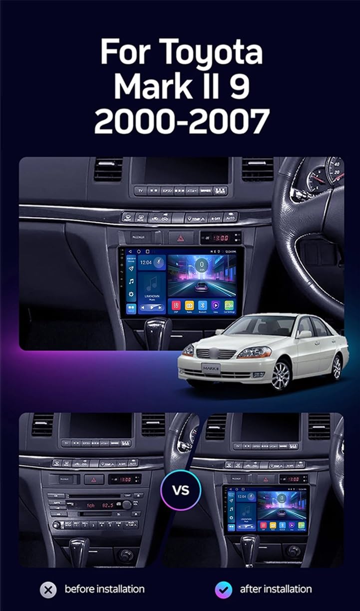 Radio samochodowe do Toyoty Mark II 9 GX110 2000-2007 Android CarPlay z 9-calowym ekranem dotykowym, 1280 × 720, radio samochodowe, SWC, Bluetooth, FM AM RDS, DSP, Wi-Fi, 4GLTE, GPS, ADAS DV