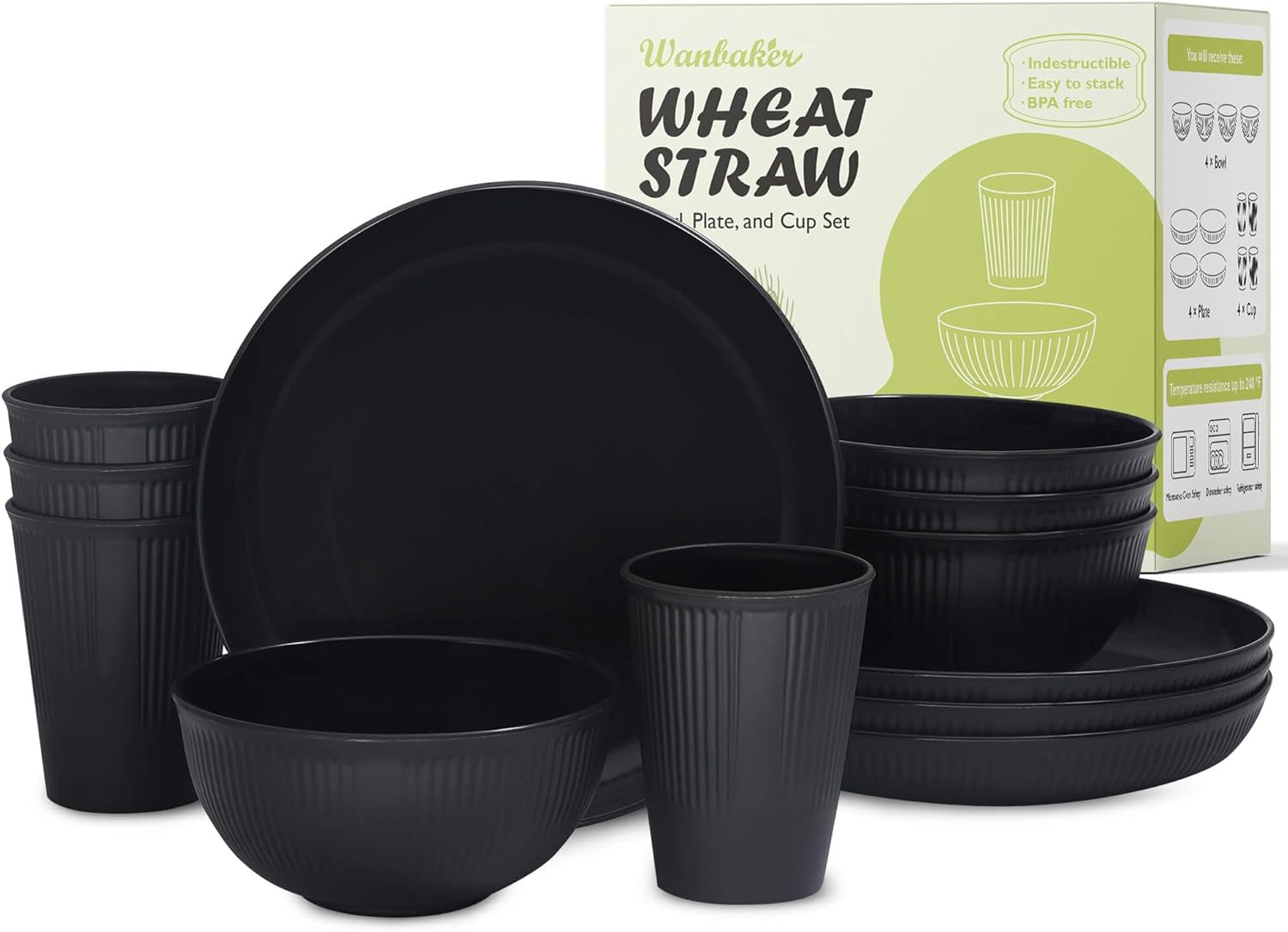 Wheat Straw Dinnerware Sets, Kitchen Unbreakable Wheat Straw Plates and Bowls Sets for College Dorm Apartment Reusable Black 12pcs