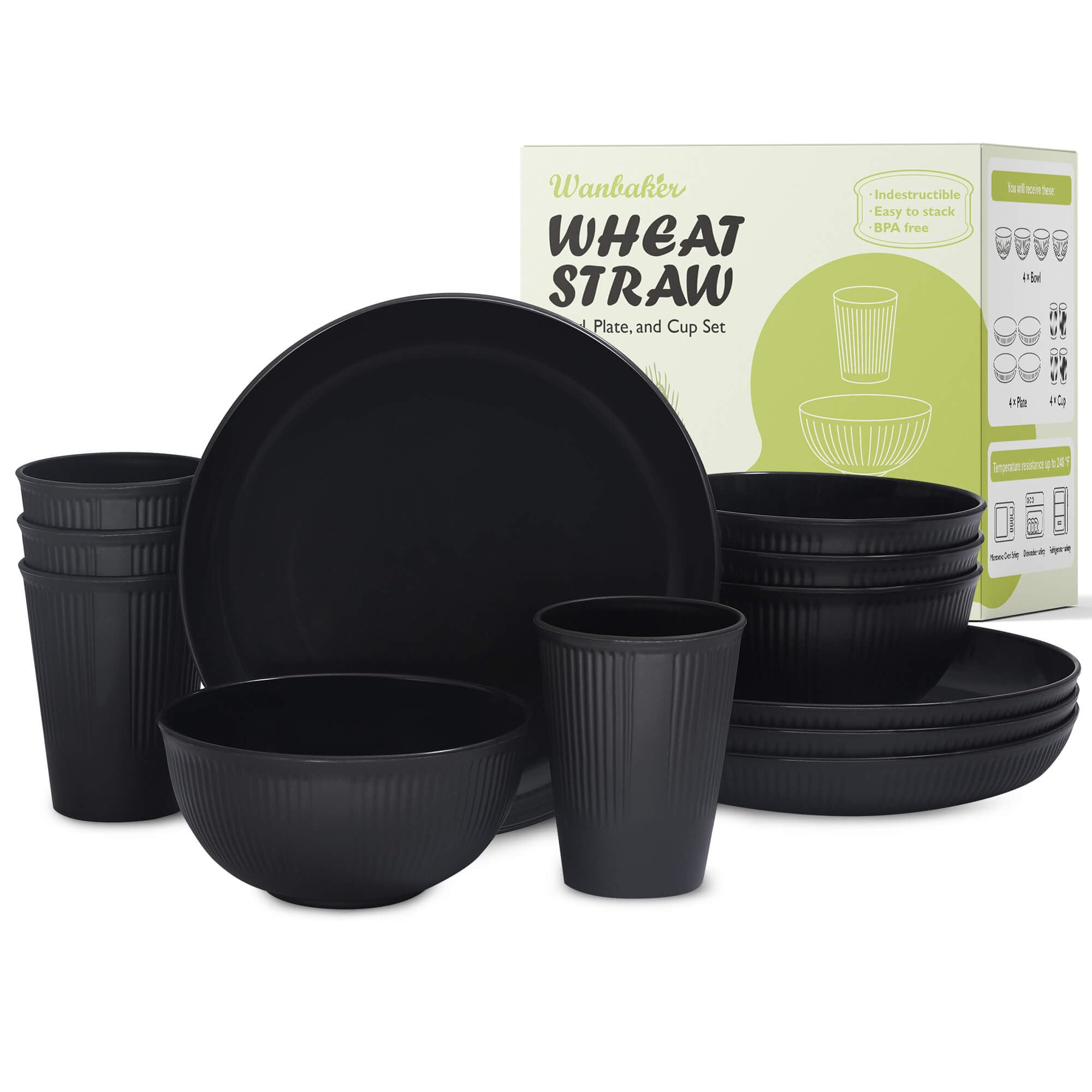 Wheat Straw Dinnerware Sets, Kitchen Unbreakable Wheat Straw Plates and Bowls Sets for College Dorm Apartment Reusable Black 12pcs